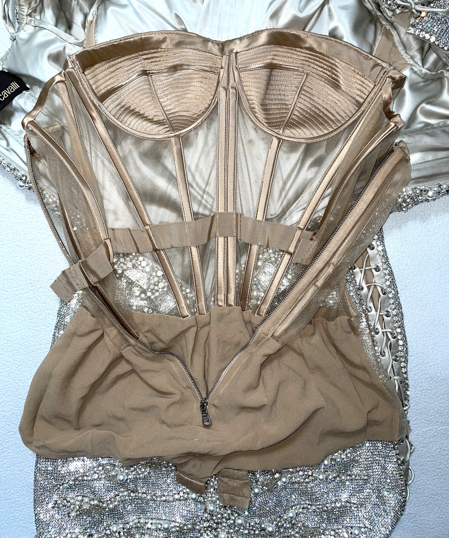 Roberto Cavalli Couture Numbered Crystal Chainmail Beaded Corset Off Shoulder Mini Dress