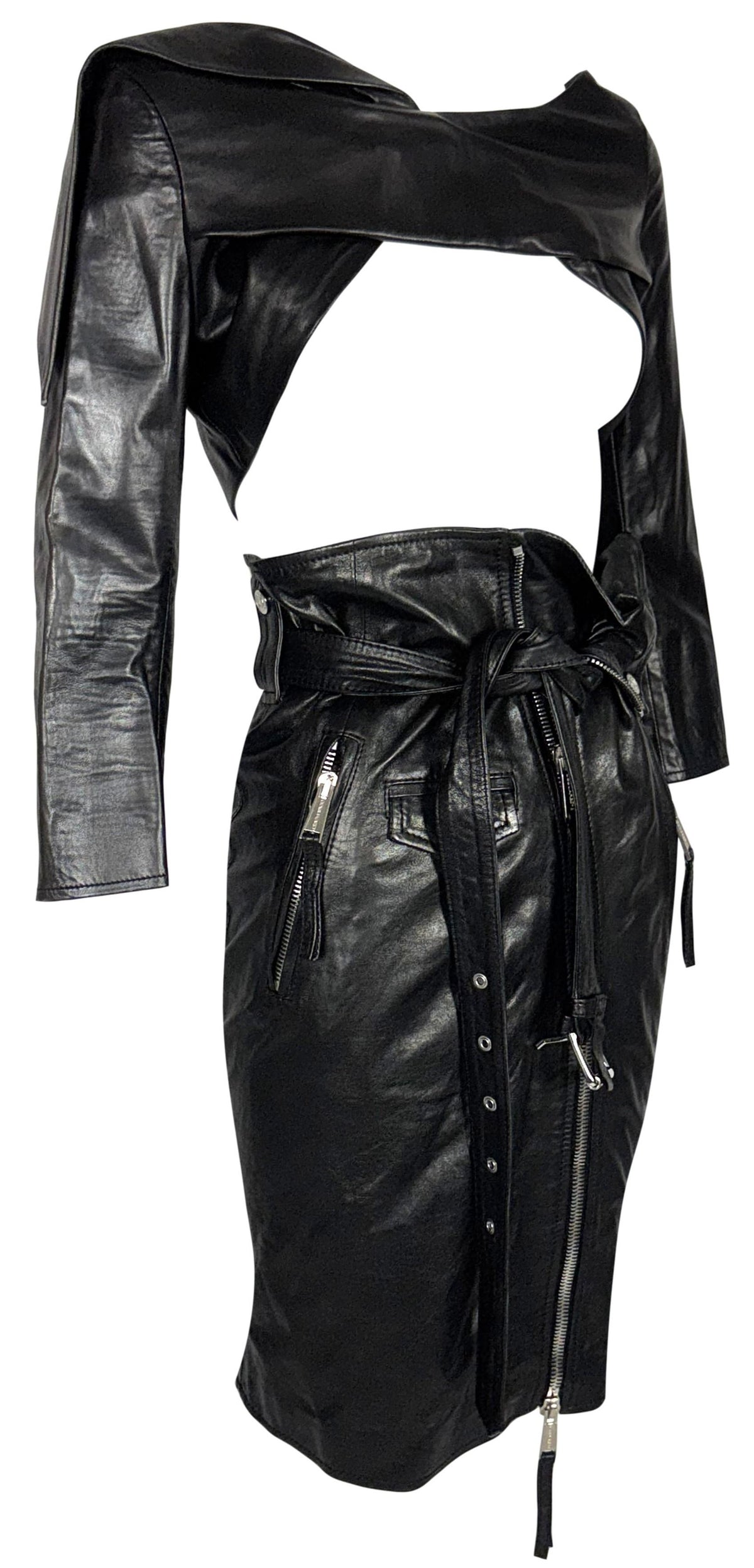 2010 Dsquared² Black Leather Open Chest Crop Top & High Waist Pin-Up Rockabilly Wiggle Zipper Skirt Set