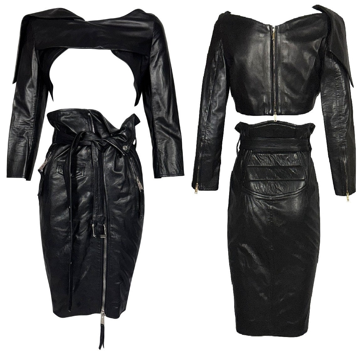 2010 Dsquared² Black Leather Open Chest Crop Top & High Waist Pin-Up Rockabilly Wiggle Zipper Skirt Set