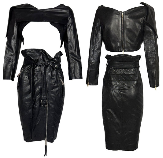 2010 Dsquared² Black Leather Open Chest Crop Top & High Waist Pin-Up Rockabilly Wiggle Zipper Skirt Set