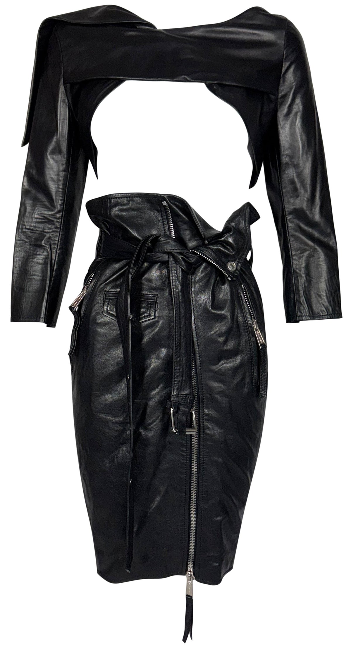 2010 Dsquared² Black Leather Open Chest Crop Top & High Waist Pin-Up Rockabilly Wiggle Zipper Skirt Set