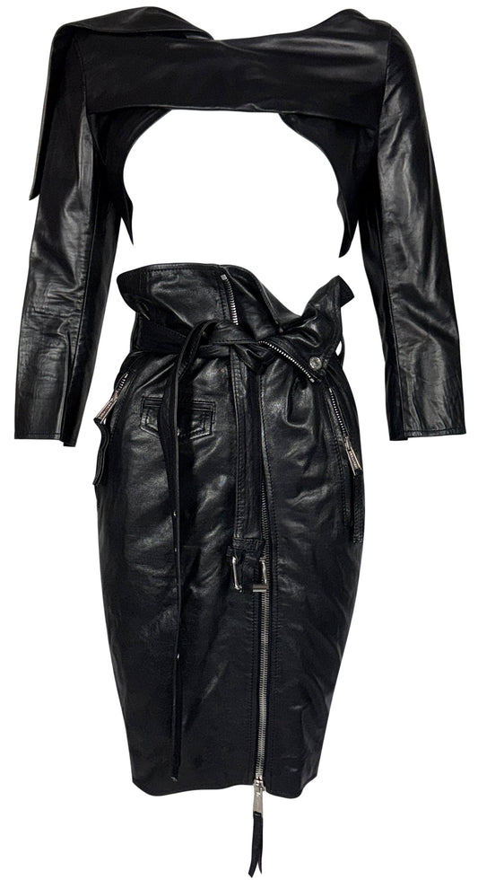 2010 Dsquared² Black Leather Open Chest Crop Top & High Waist Pin-Up Rockabilly Wiggle Zipper Skirt Set