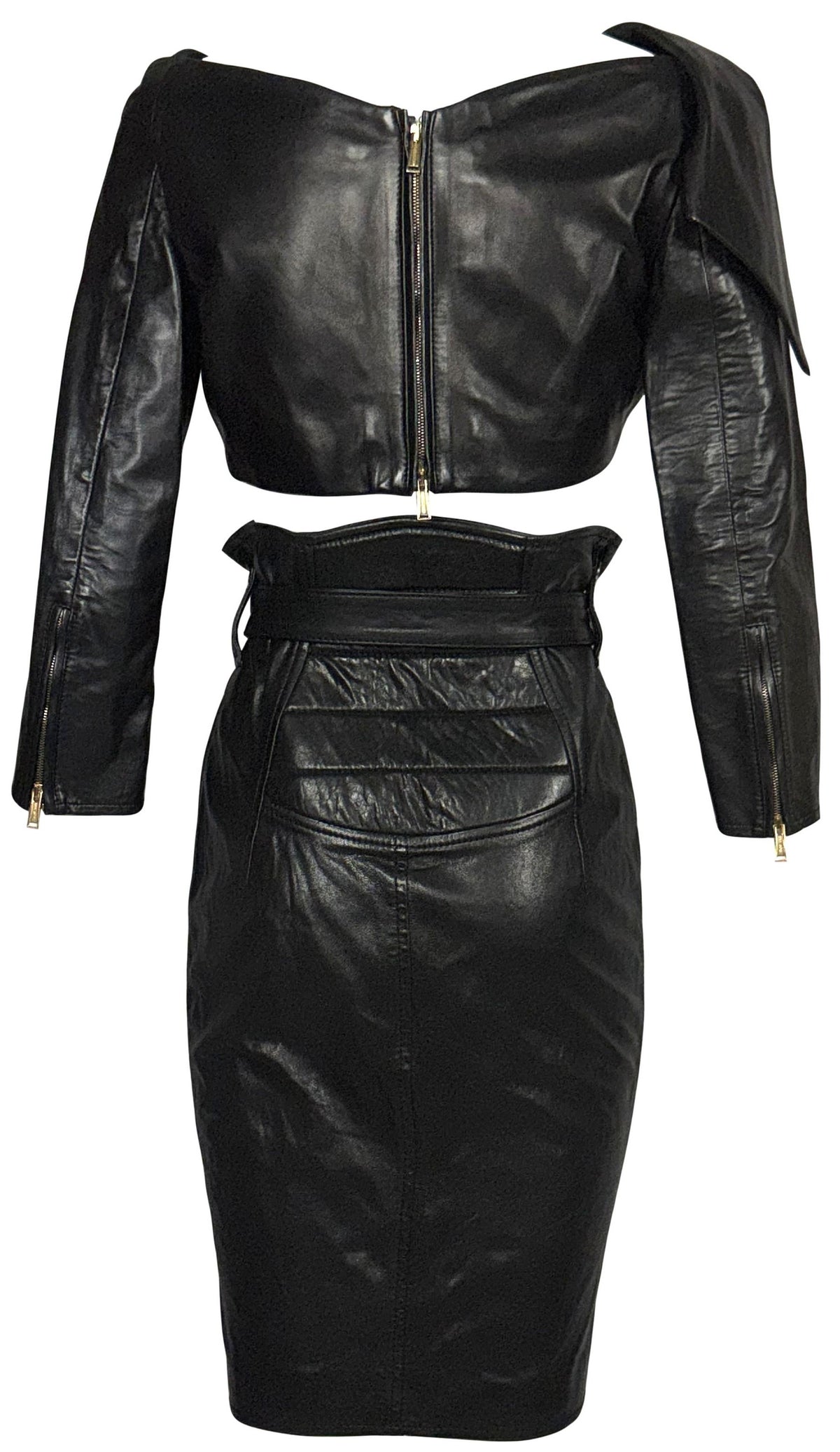 2010 Dsquared² Black Leather Open Chest Crop Top & High Waist Pin-Up Rockabilly Wiggle Zipper Skirt Set