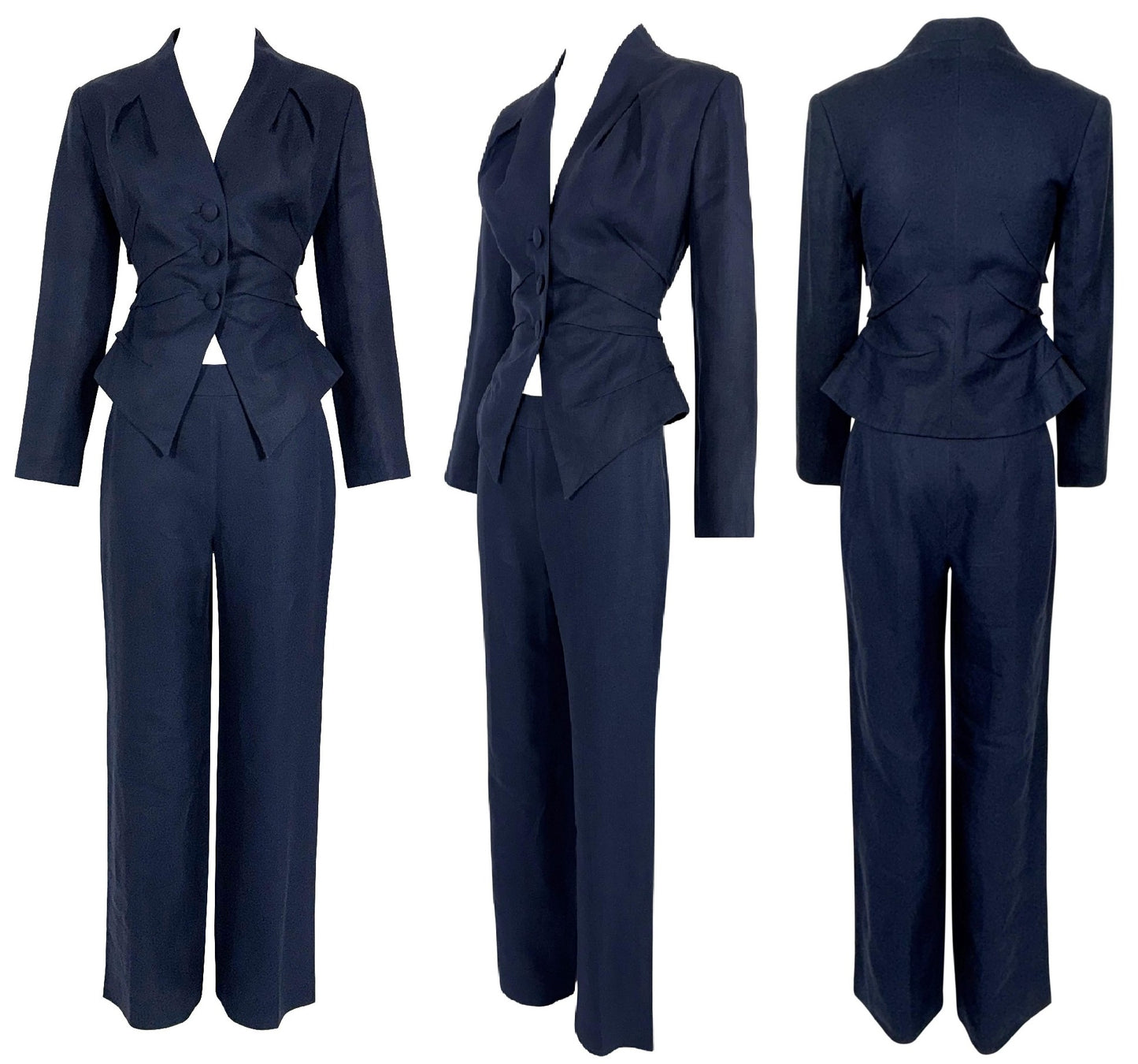 S/S 2010 Christian Dior Haute Couture by John Galliano Navy Blue Fitted 1940's Style Short Jacket & Pants Suit