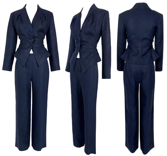 S/S 2010 Christian Dior Haute Couture by John Galliano Navy Blue Fitted 1940's Style Short Jacket & Pants Suit
