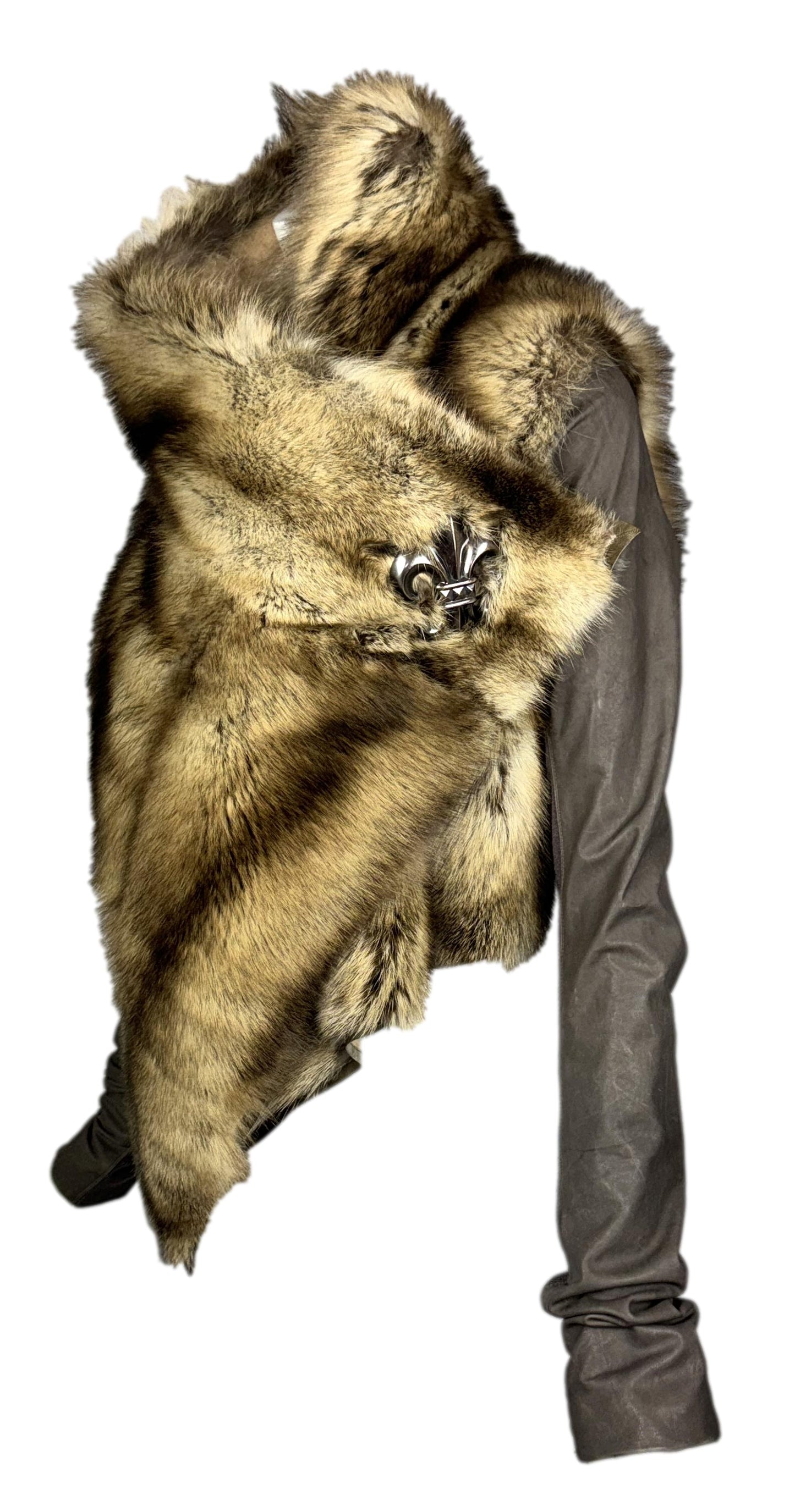 RARE 2010 Rick Owens for Chrome Hearts Sable Fur Leather Jacket w Large Silver Fleur-De-Lis