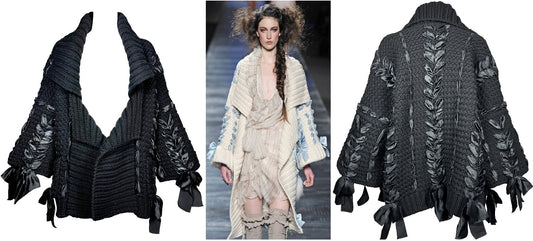 F/W 2010 Christian Dior x John Galliano Runway Baggy Black Knit Satin Corset Ties & Bows Cardigan Coat Jacket
