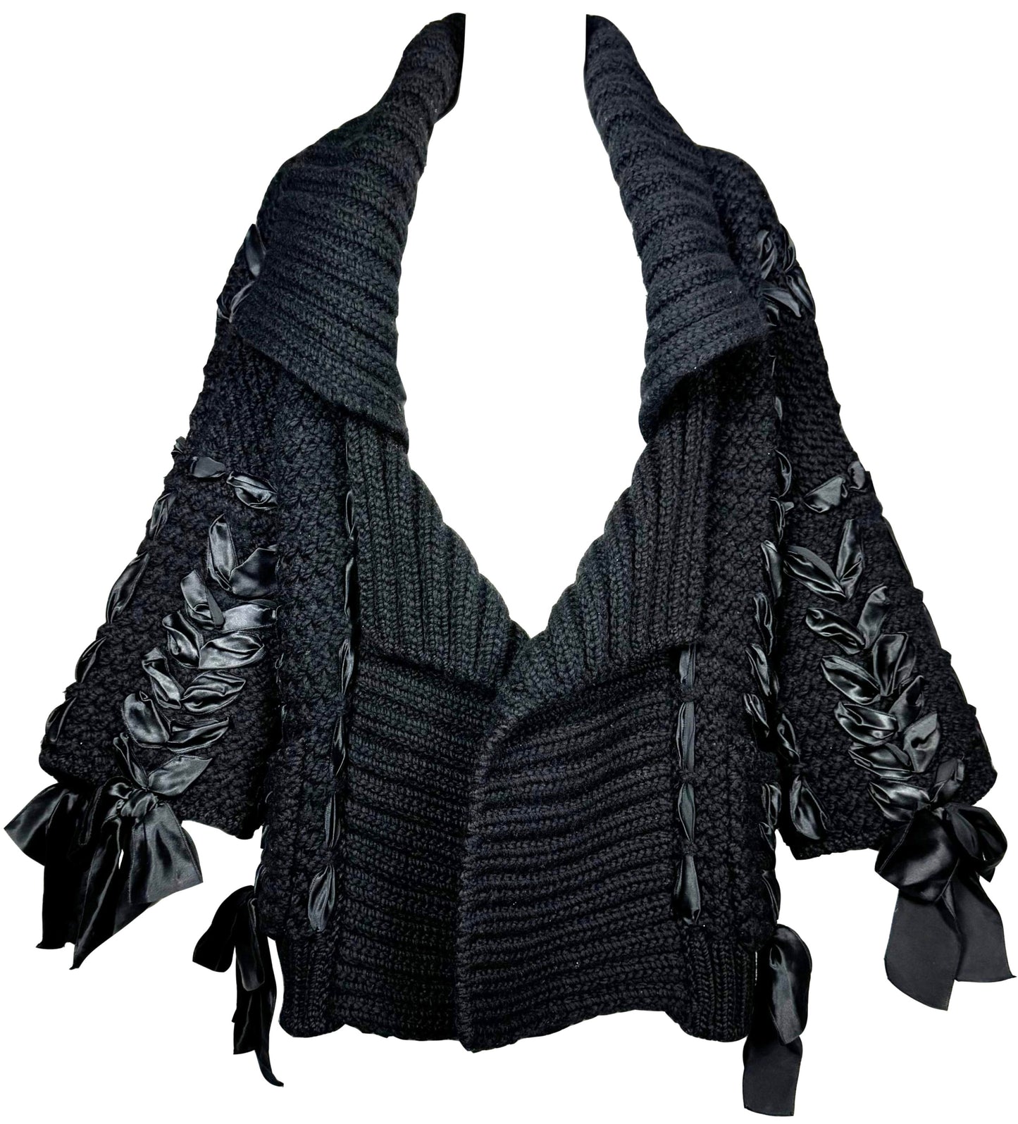 F/W 2010 Christian Dior x John Galliano Runway Baggy Black Knit Satin Corset Ties & Bows Cardigan Coat Jacket