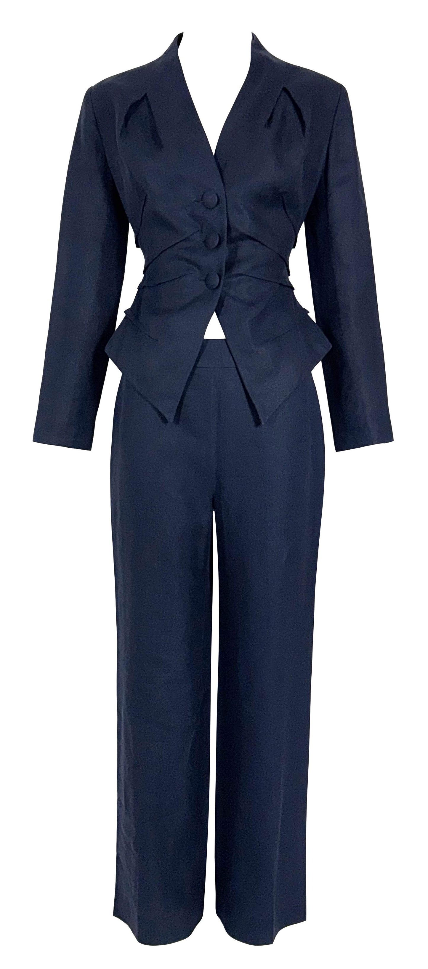 S/S 2010 Christian Dior Haute Couture by John Galliano Navy Blue Fitted 1940's Style Short Jacket & Pants Suit