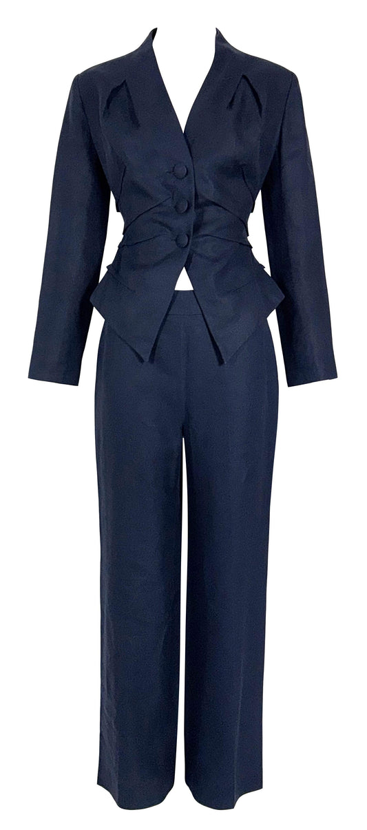 S/S 2010 Christian Dior Haute Couture by John Galliano Navy Blue Fitted 1940's Style Short Jacket & Pants Suit