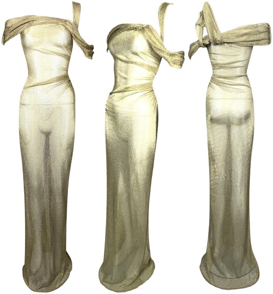 S/S 2010 Christian Dior x John Galliano Sheer Gold Lurex "Chainmail" 1940's Old Hollywood Off Shoulder Wiggle Mermaid Gown Dress