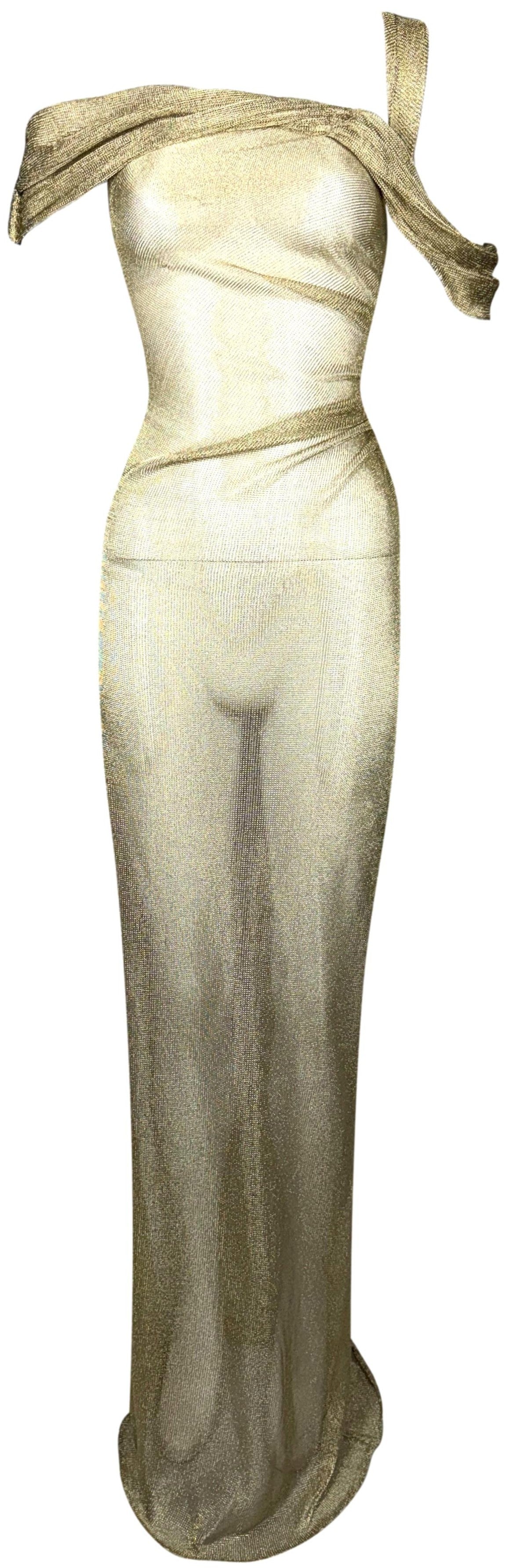 S/S 2010 Christian Dior x John Galliano Sheer Gold Lurex "Chainmail" 1940's Old Hollywood Off Shoulder Wiggle Mermaid Gown Dress