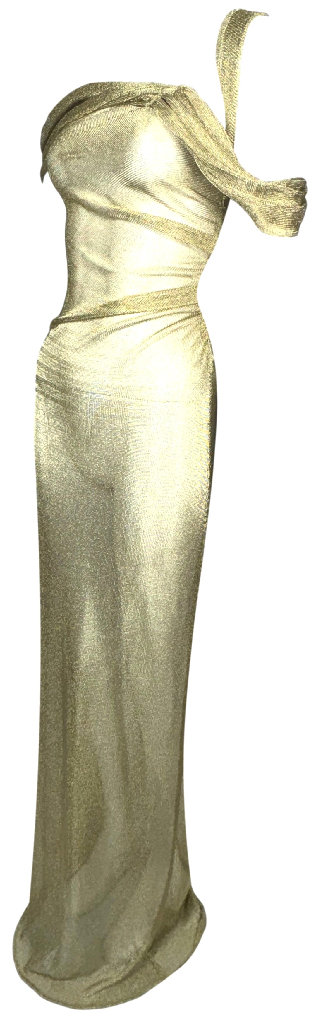 S/S 2010 Christian Dior x John Galliano Sheer Gold Lurex "Chainmail" 1940's Old Hollywood Off Shoulder Wiggle Mermaid Gown Dress
