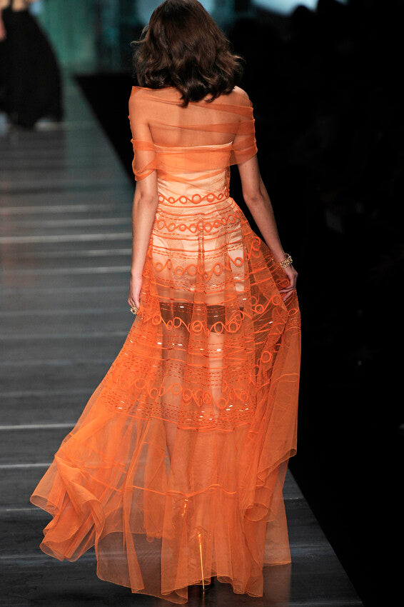 S/S 2010 Christian Dior x John Galliano Sheer Gold Lurex "Chainmail" 1940's Old Hollywood Off Shoulder Wiggle Mermaid Gown Dress