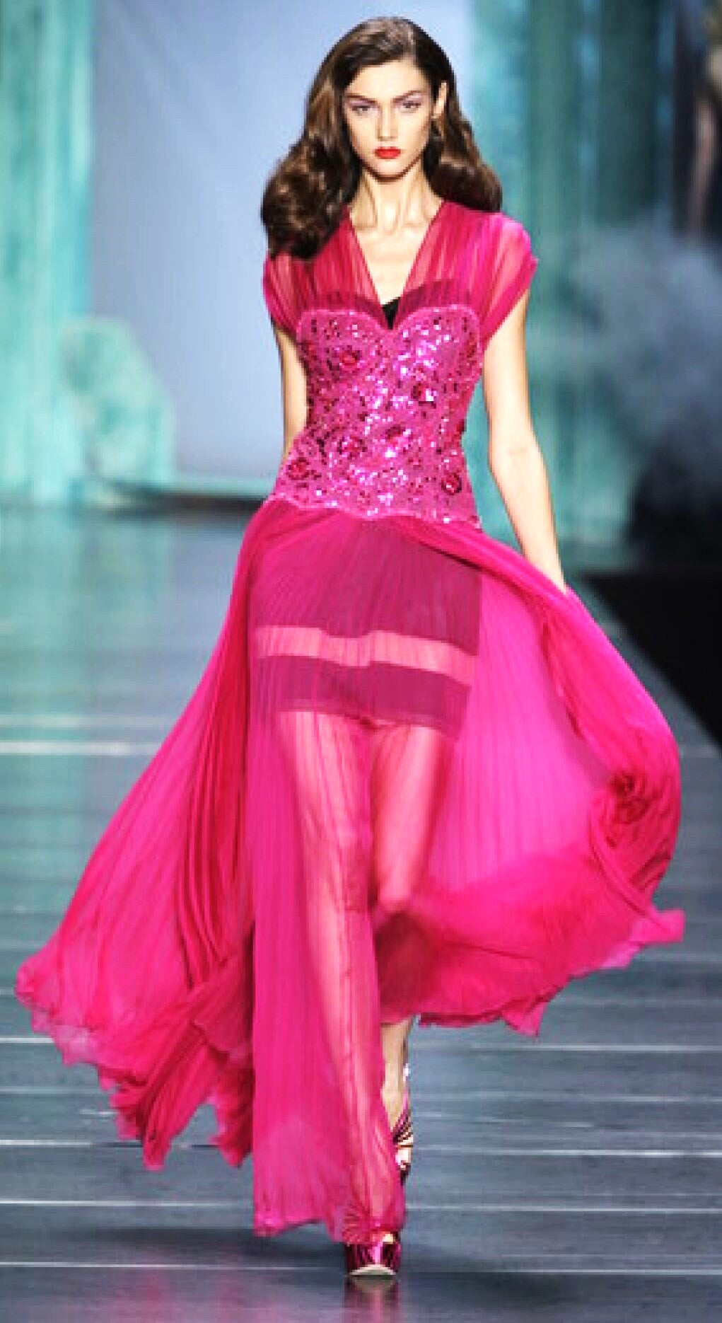 S/S 2010 Christian Dior by John Galliano Runway 1940's Vixen Pin-Up Sheer Hot Pink Silk Maxi Dress