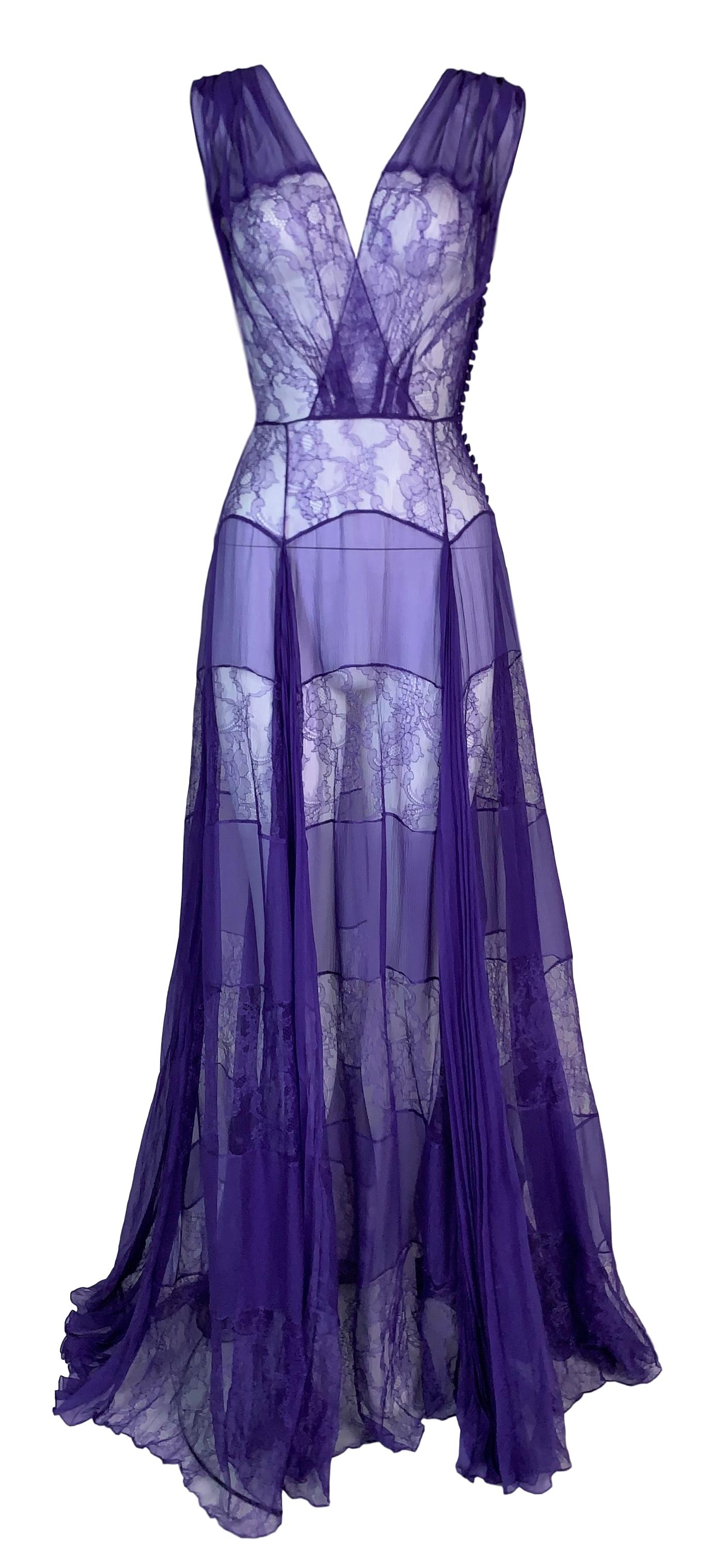 S/S 2010 Christian Dior by John Galliano 1940's Old Hollywood Style Runway Sheer Purple Silk Lace Gown Dress