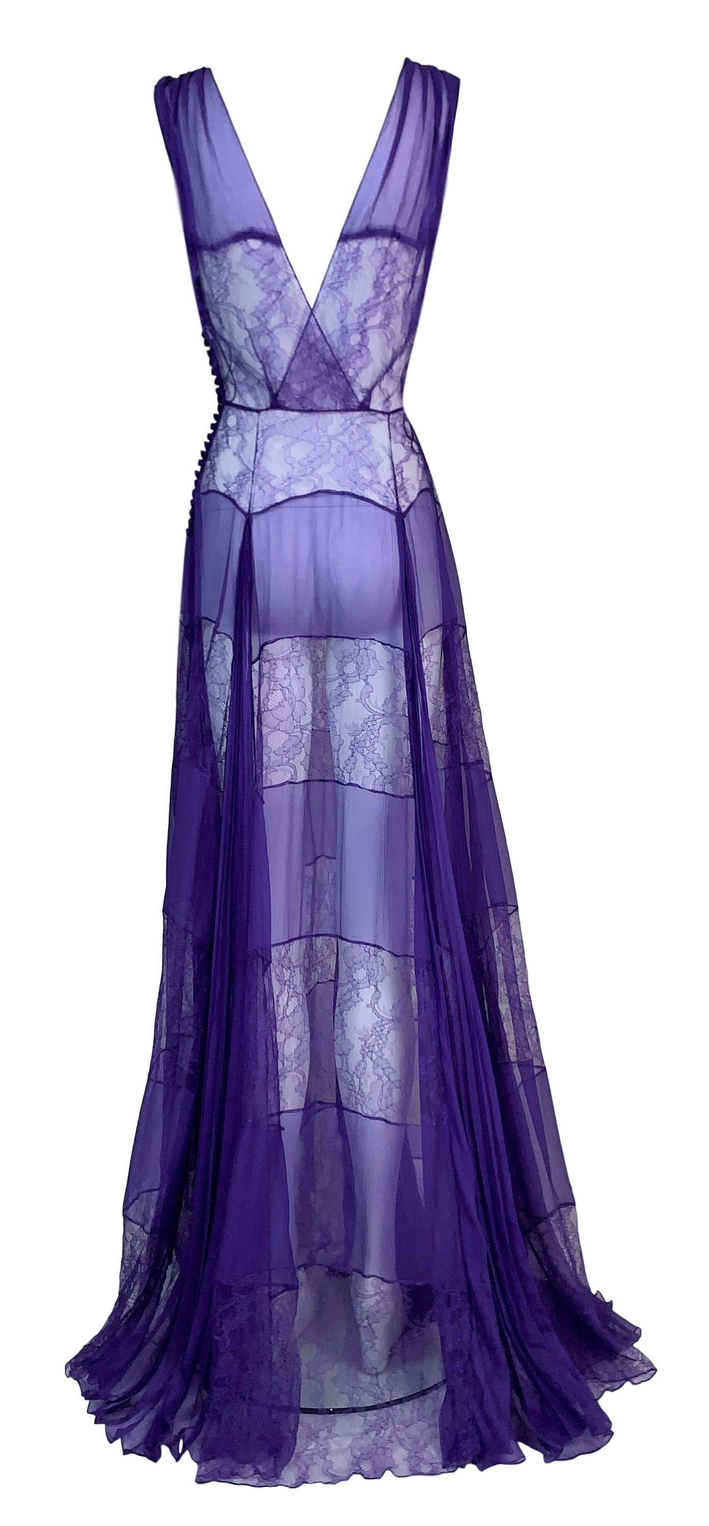S/S 2010 Christian Dior by John Galliano 1940's Old Hollywood Style Runway Sheer Purple Silk Lace Gown Dress