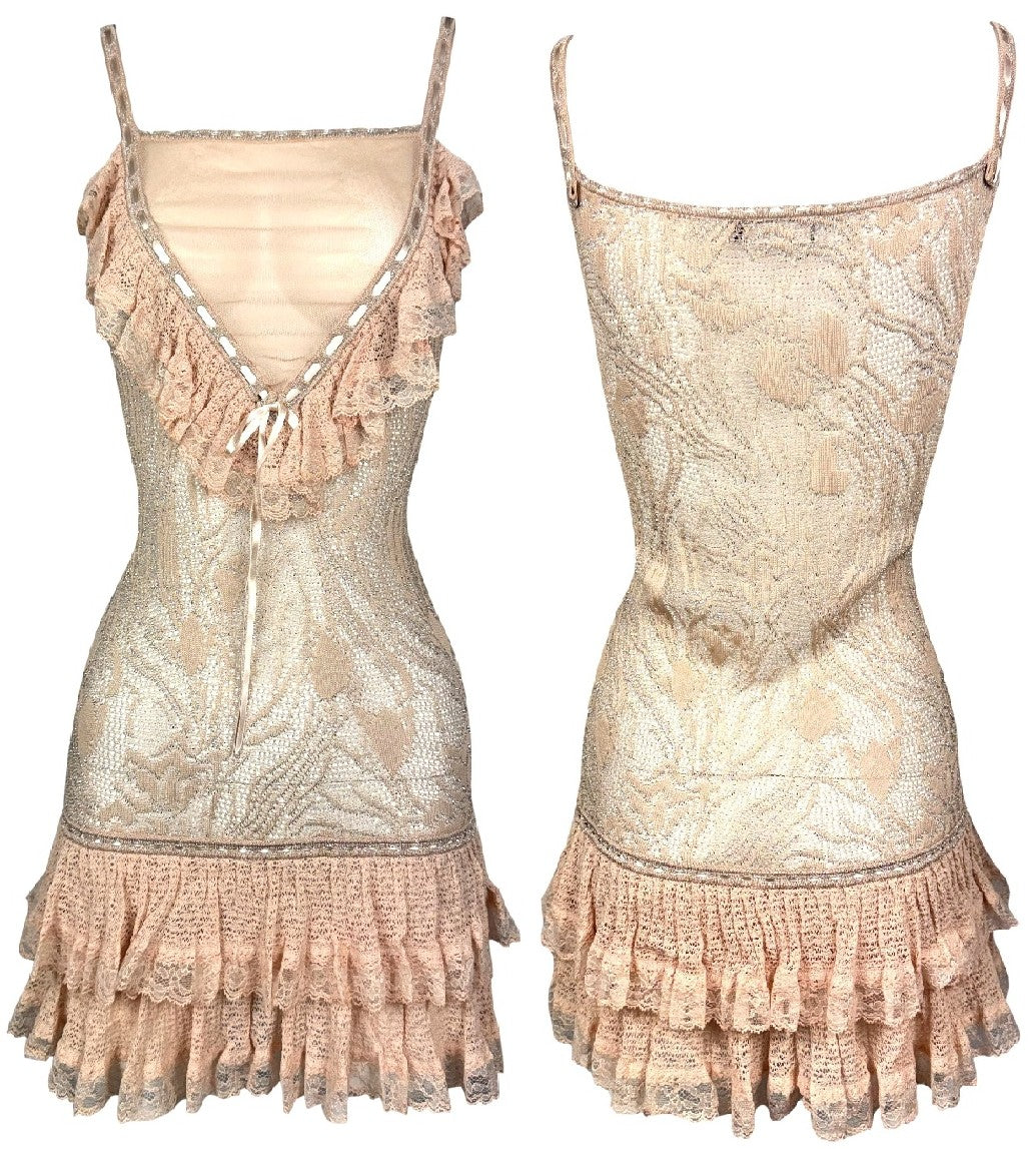 C. S/S 2010 Christian Dior x John Galliano Sheer Pink & Silver Lolita Lace Ruffle Babydoll Mini Dress