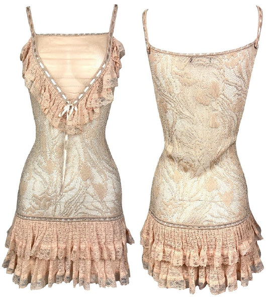 C. S/S 2010 Christian Dior x John Galliano Sheer Pink & Silver Lolita Lace Ruffle Babydoll Mini Dress