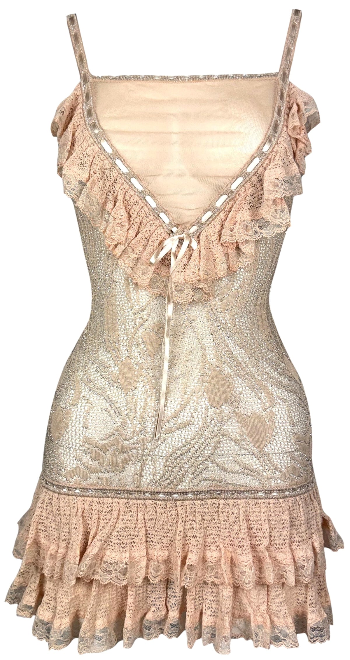C. S/S 2010 Christian Dior x John Galliano Sheer Pink & Silver Lolita Lace Ruffle Babydoll Mini Dress