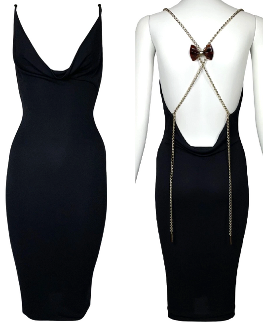 2011 Dsquared² Plunging Black Bodycon Gold Chains & Bow Backless Dress
