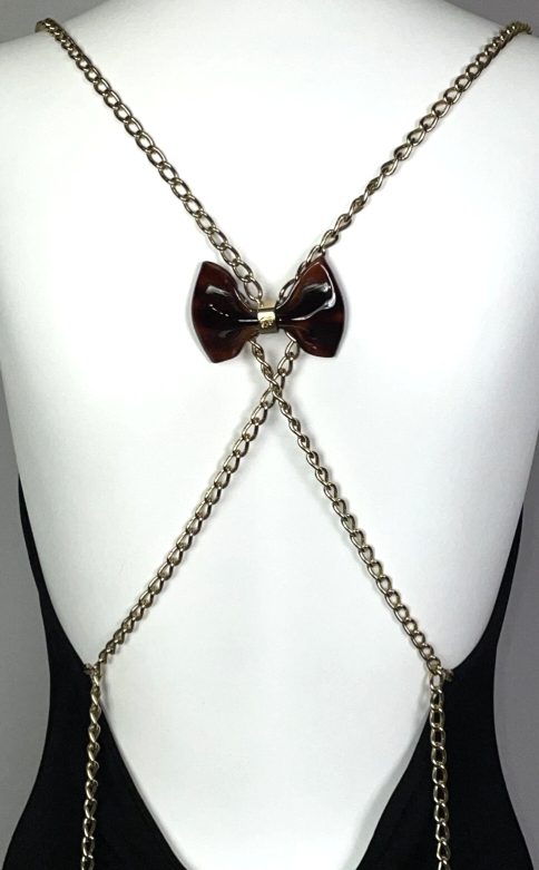 2011 Dsquared² Plunging Black Bodycon Gold Chains & Bow Backless Dress