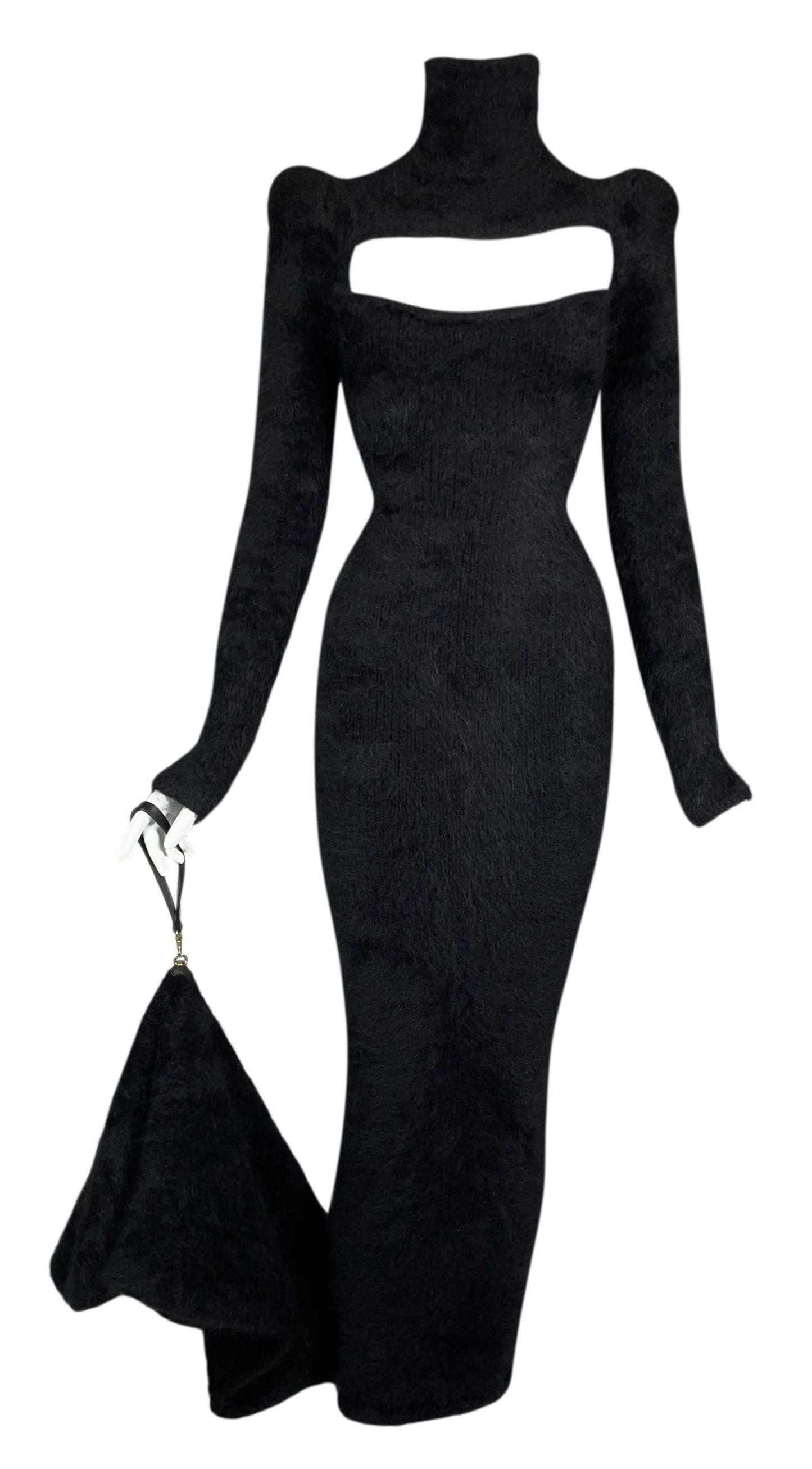 F/W 2011 Dsquared2 Fuzzy Black Plunging Cut-Out Bodycon Wiggle Gown Dress w Long Train
