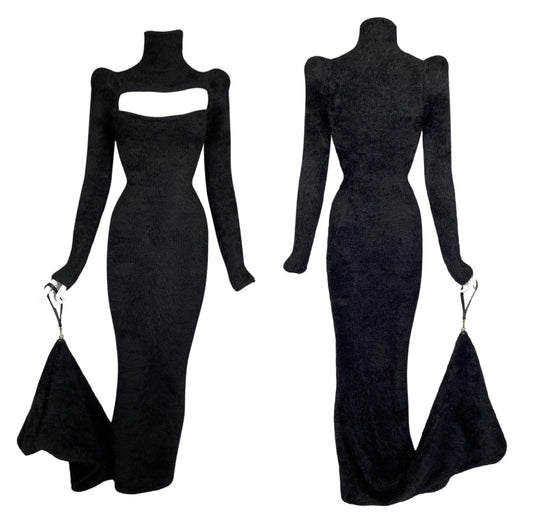 F/W 2011 Dsquared2 Fuzzy Black Plunging Cut-Out Bodycon Wiggle Gown Dress w Long Train