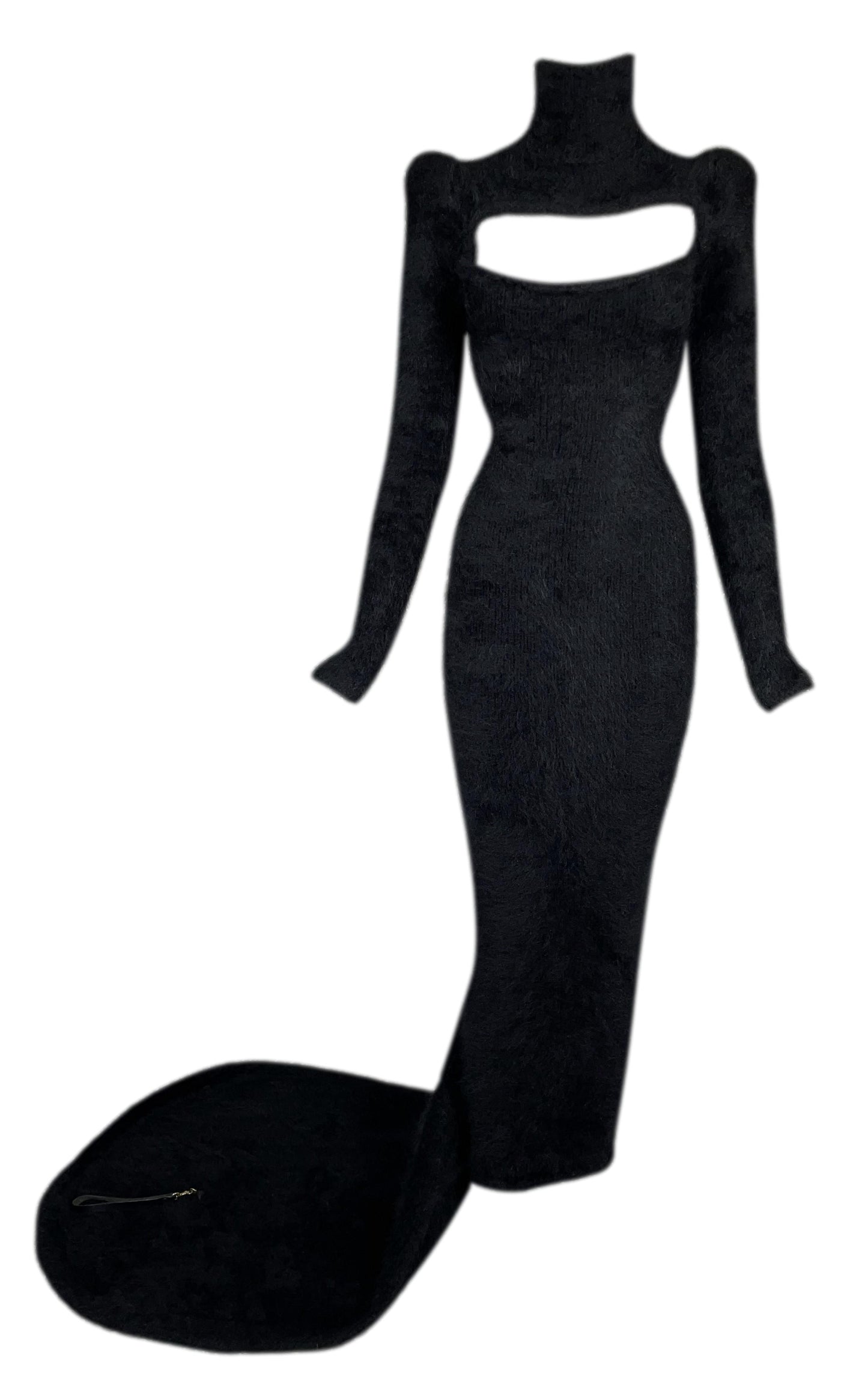 F/W 2011 Dsquared2 Fuzzy Black Plunging Cut-Out Bodycon Wiggle Gown Dress w Long Train