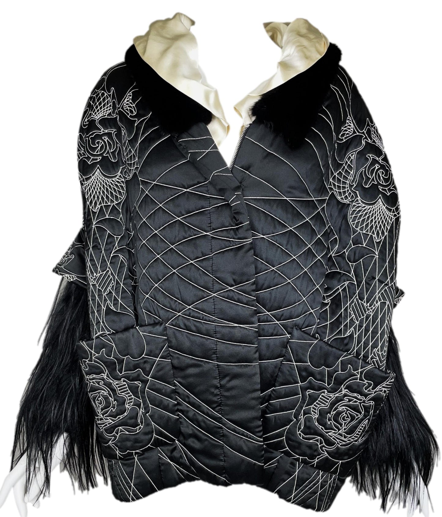 F/W 2011 John Galliano Runway RARE Japanese Embroidered Tattoo Black Silk Puffer Mink & Yak Fur Coat Jacket