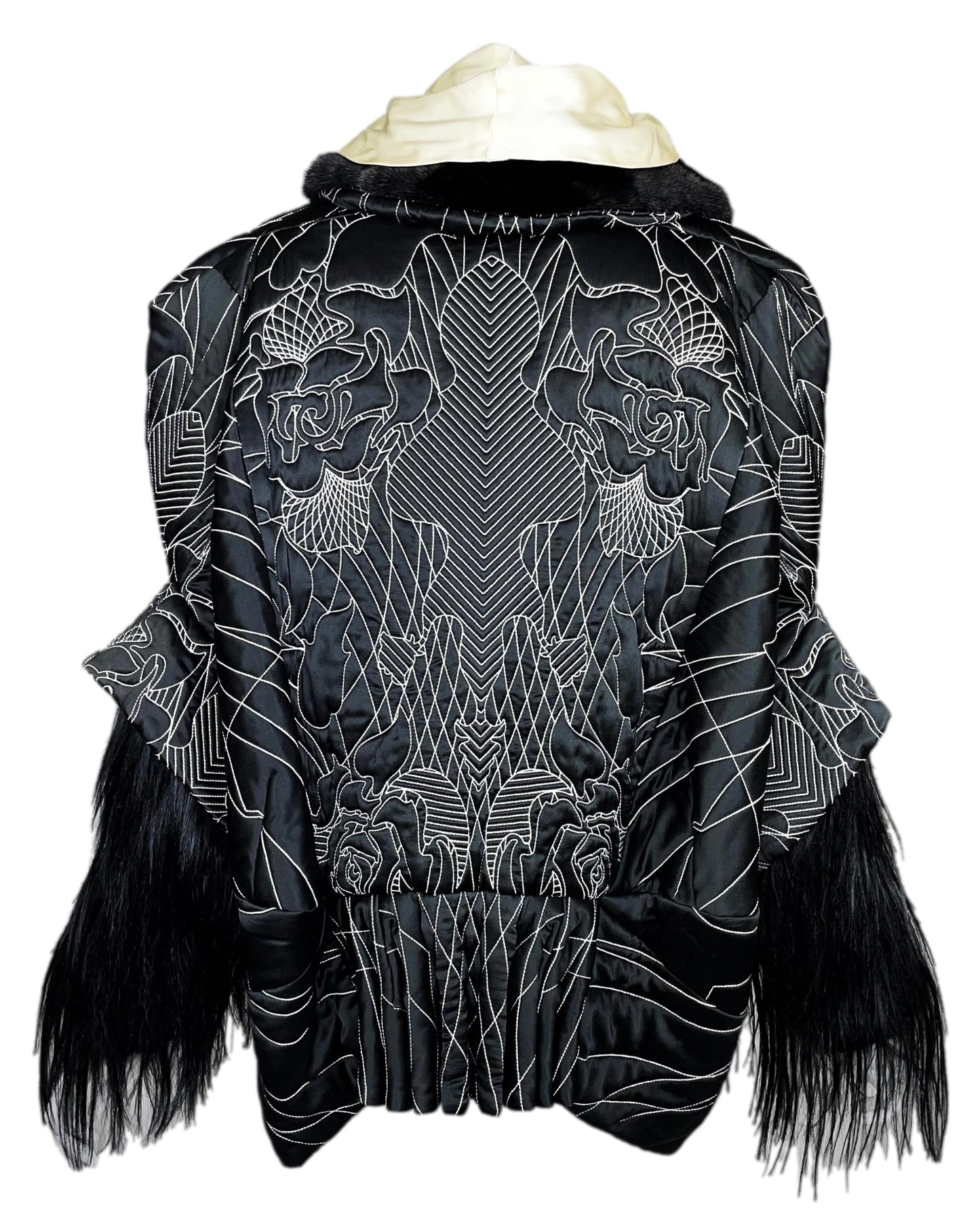 F/W 2011 John Galliano Runway RARE Japanese Embroidered Tattoo Black Silk Puffer Mink & Yak Fur Coat Jacket