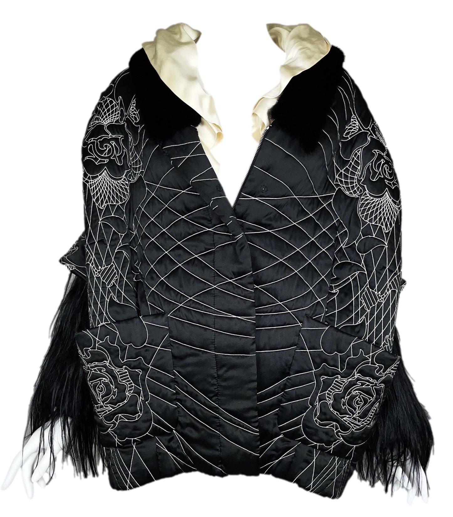 F/W 2011 John Galliano Runway RARE Japanese Embroidered Tattoo Black Silk Puffer Mink & Yak Fur Coat Jacket