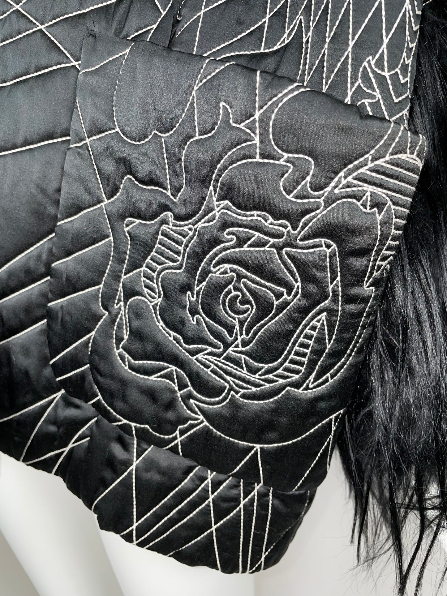 F/W 2011 John Galliano Runway RARE Japanese Embroidered Tattoo Black Silk Puffer Mink & Yak Fur Coat Jacket