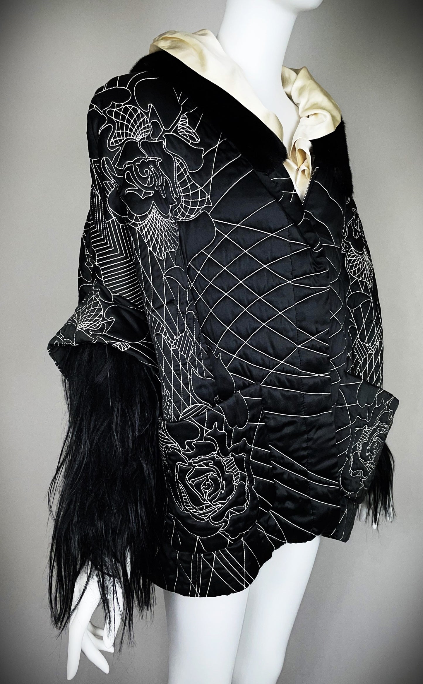 F/W 2011 John Galliano Runway RARE Japanese Embroidered Tattoo Black Silk Puffer Mink & Yak Fur Coat Jacket