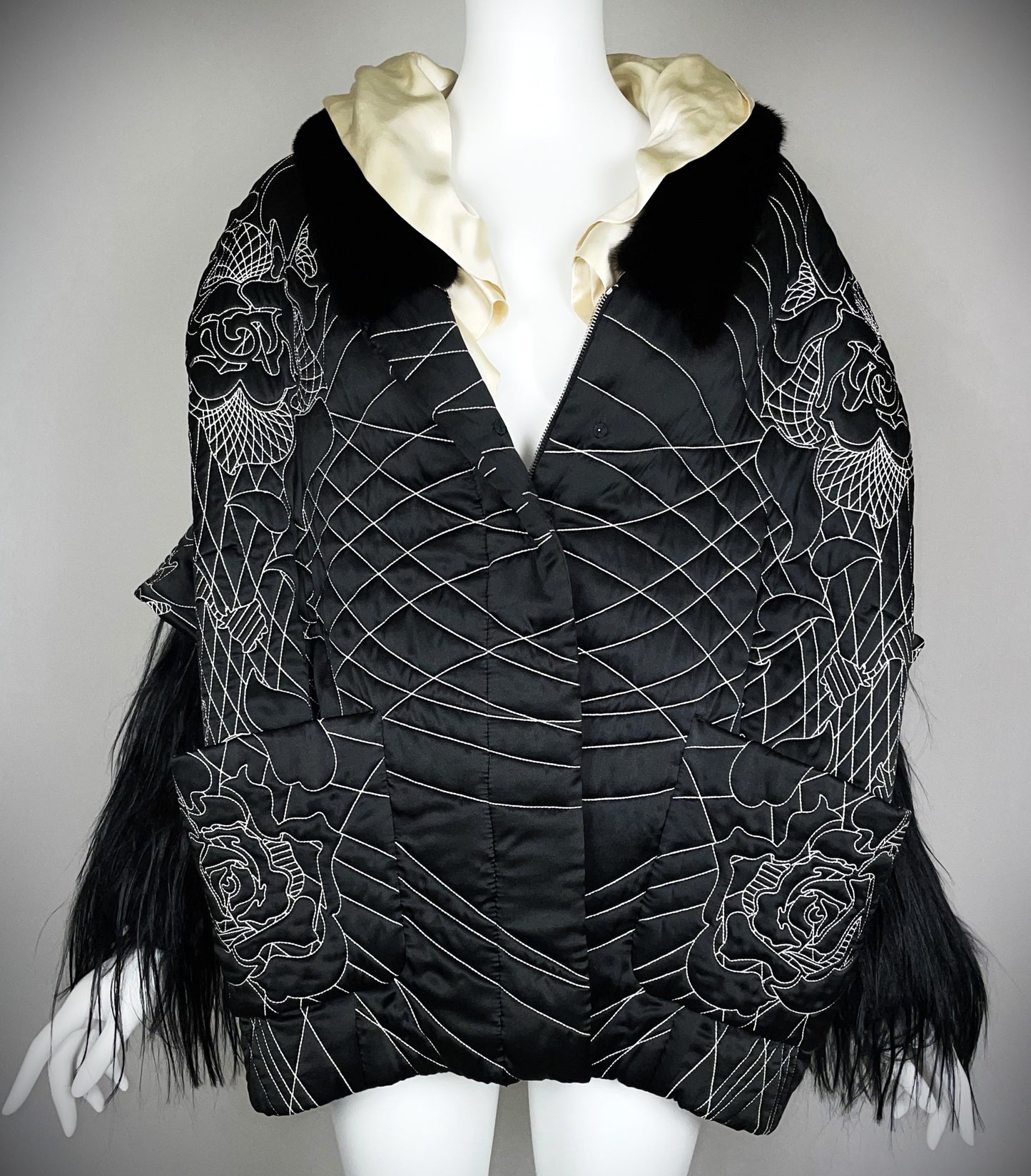 F/W 2011 John Galliano Runway RARE Japanese Embroidered Tattoo Black Silk Puffer Mink & Yak Fur Coat Jacket