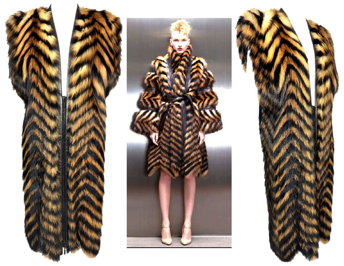 Pre-Fall 2011 Jean Paul Gaultier 1980's Revival Punk Rock High Shoulder Striped Fox Fur Plunging Dress Coat