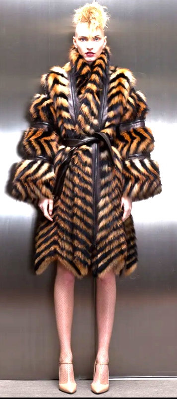 Pre-Fall 2011 Jean Paul Gaultier 1980's Revival Punk Rock High Shoulder Striped Fox Fur Plunging Dress Coat