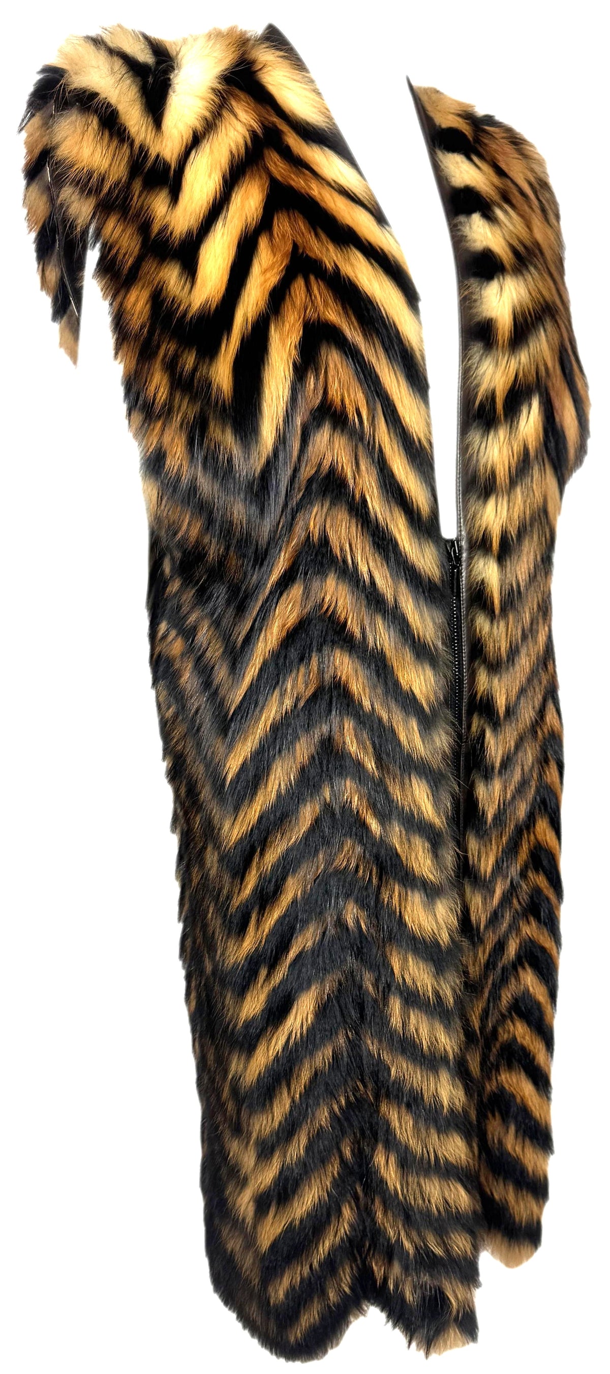 Pre-Fall 2011 Jean Paul Gaultier 1980's Revival Punk Rock High Shoulder Striped Fox Fur Plunging Dress Coat