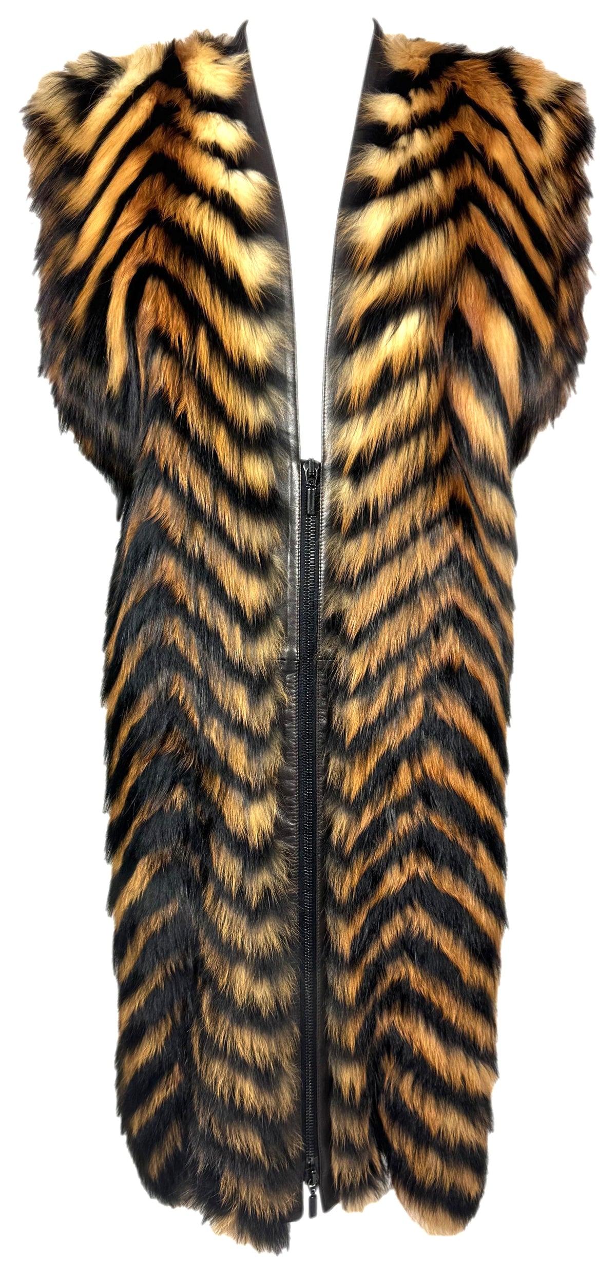 Pre-Fall 2011 Jean Paul Gaultier 1980's Revival Punk Rock High Shoulder Striped Fox Fur Plunging Dress Coat