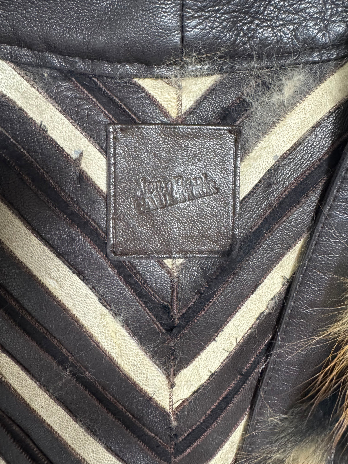 Pre-Fall 2011 Jean Paul Gaultier 1980's Revival Punk Rock High Shoulder Striped Fox Fur Plunging Dress Coat
