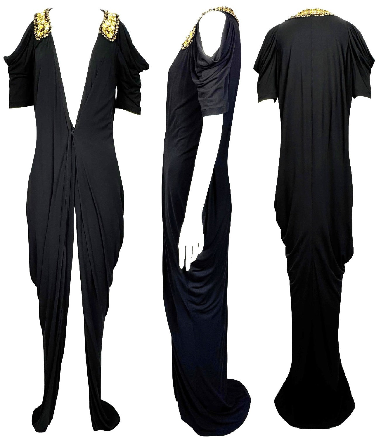 2011 Resort Alexander McQueen Grecian Roman Plunging Black Super High Slit Gold Crystal Embellished Gown Maxi Dress