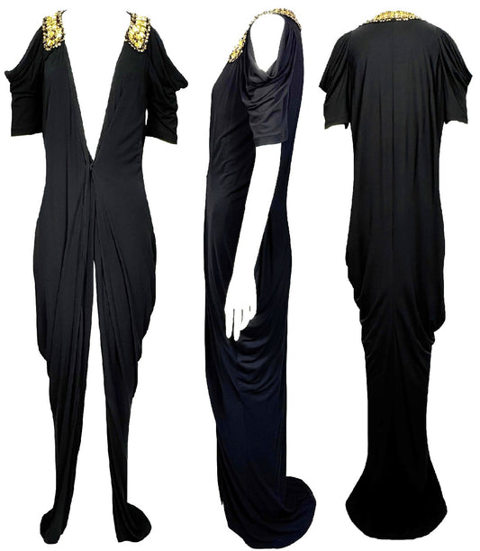 2011 Resort Alexander McQueen Grecian Roman Plunging Black Super High Slit Gold Crystal Embellished Gown Maxi Dress