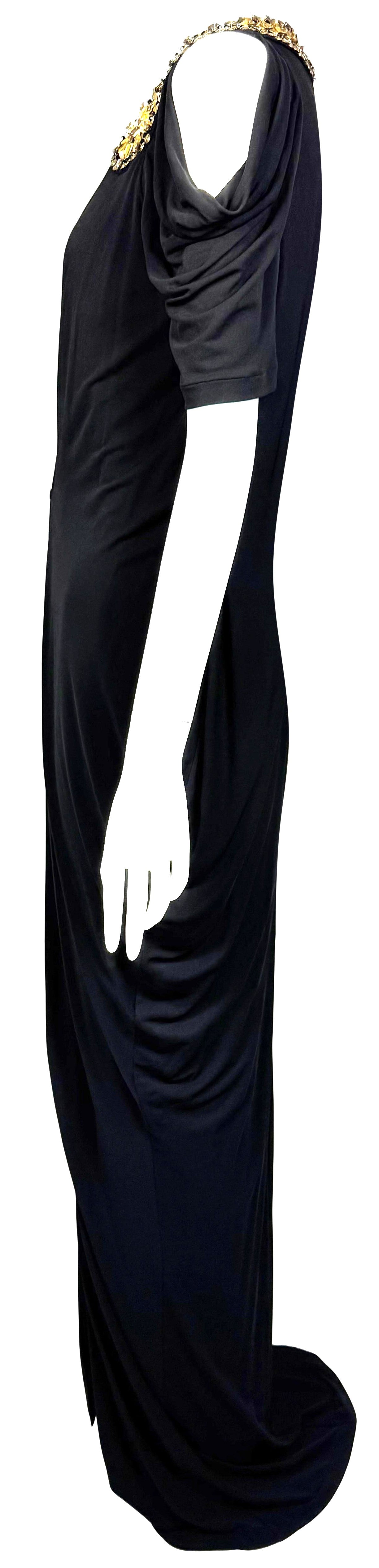 2011 Resort Alexander McQueen Grecian Roman Plunging Black Super High Slit Gold Crystal Embellished Gown Maxi Dress