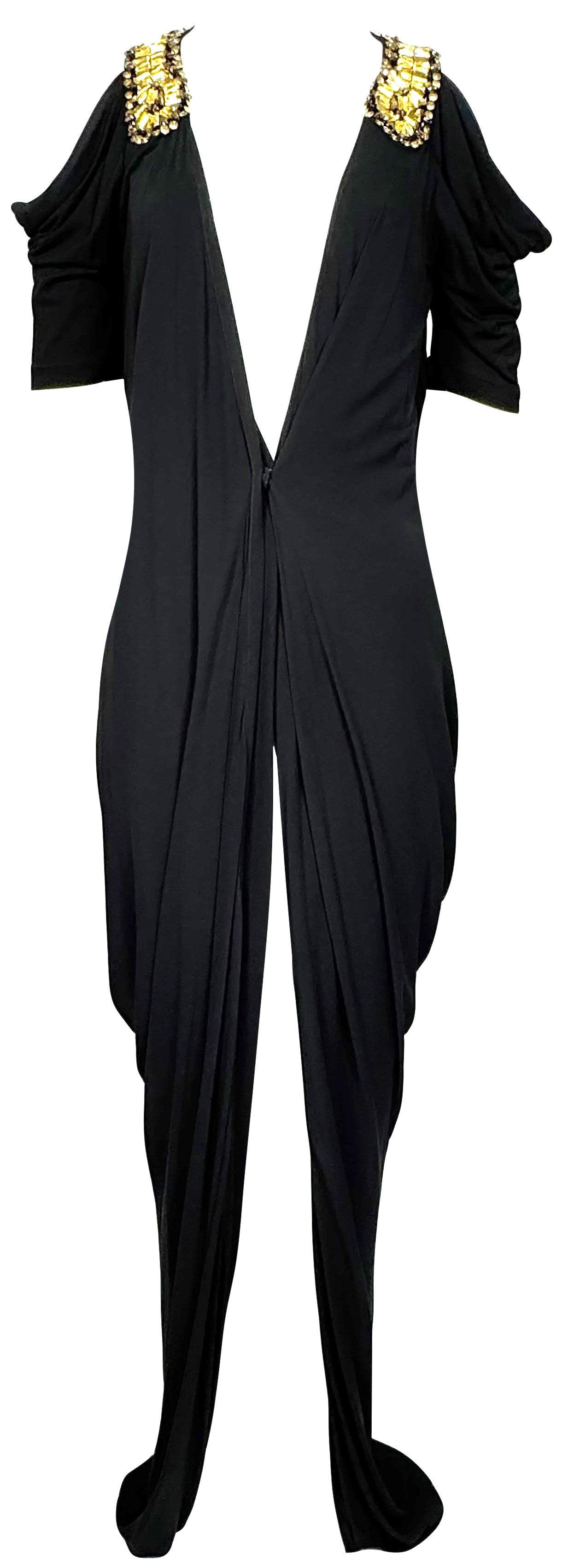 2011 Resort Alexander McQueen Grecian Roman Plunging Black Super High Slit Gold Crystal Embellished Gown Maxi Dress