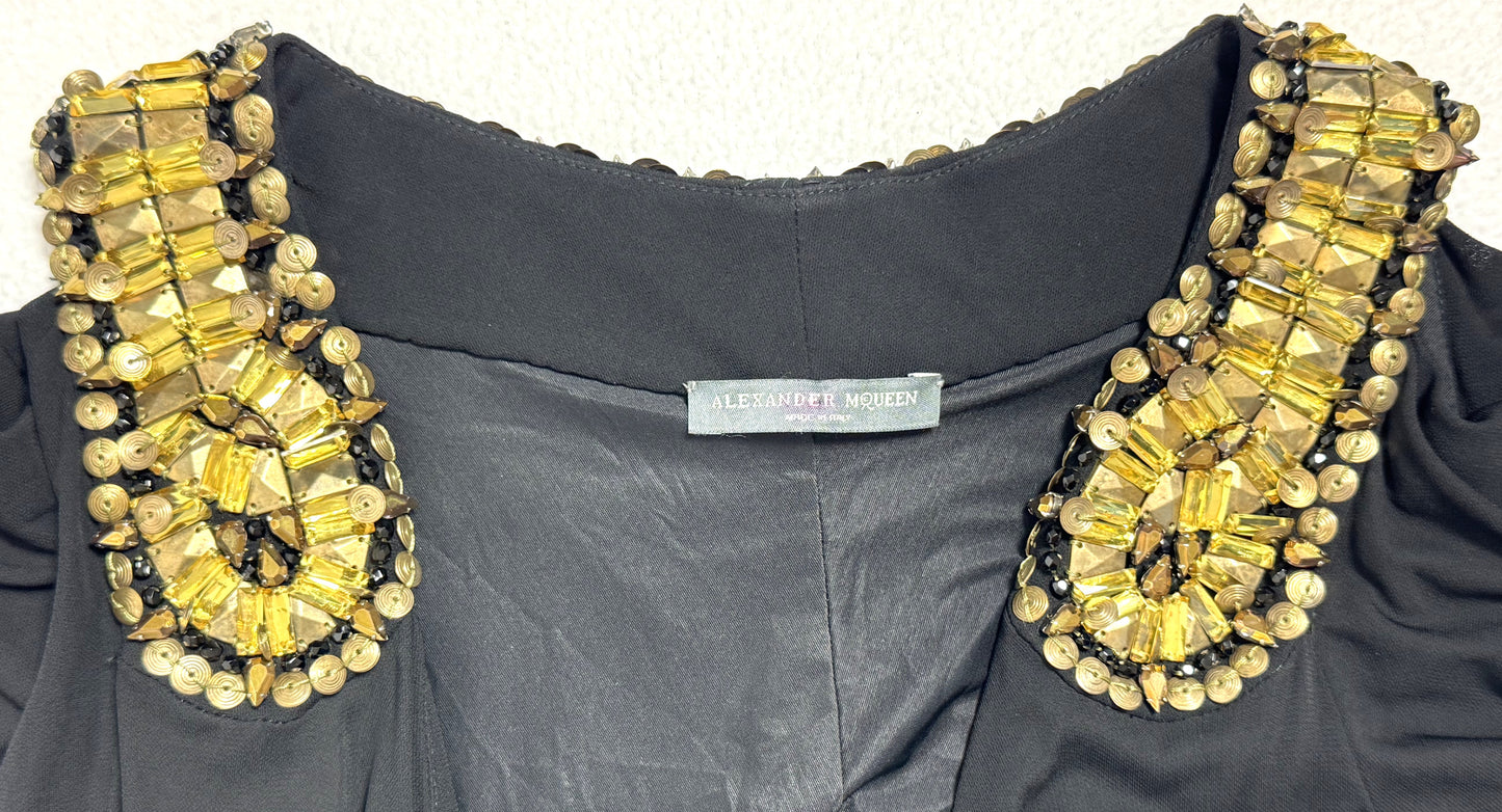 2011 Resort Alexander McQueen Grecian Roman Plunging Black Super High Slit Gold Crystal Embellished Gown Maxi Dress