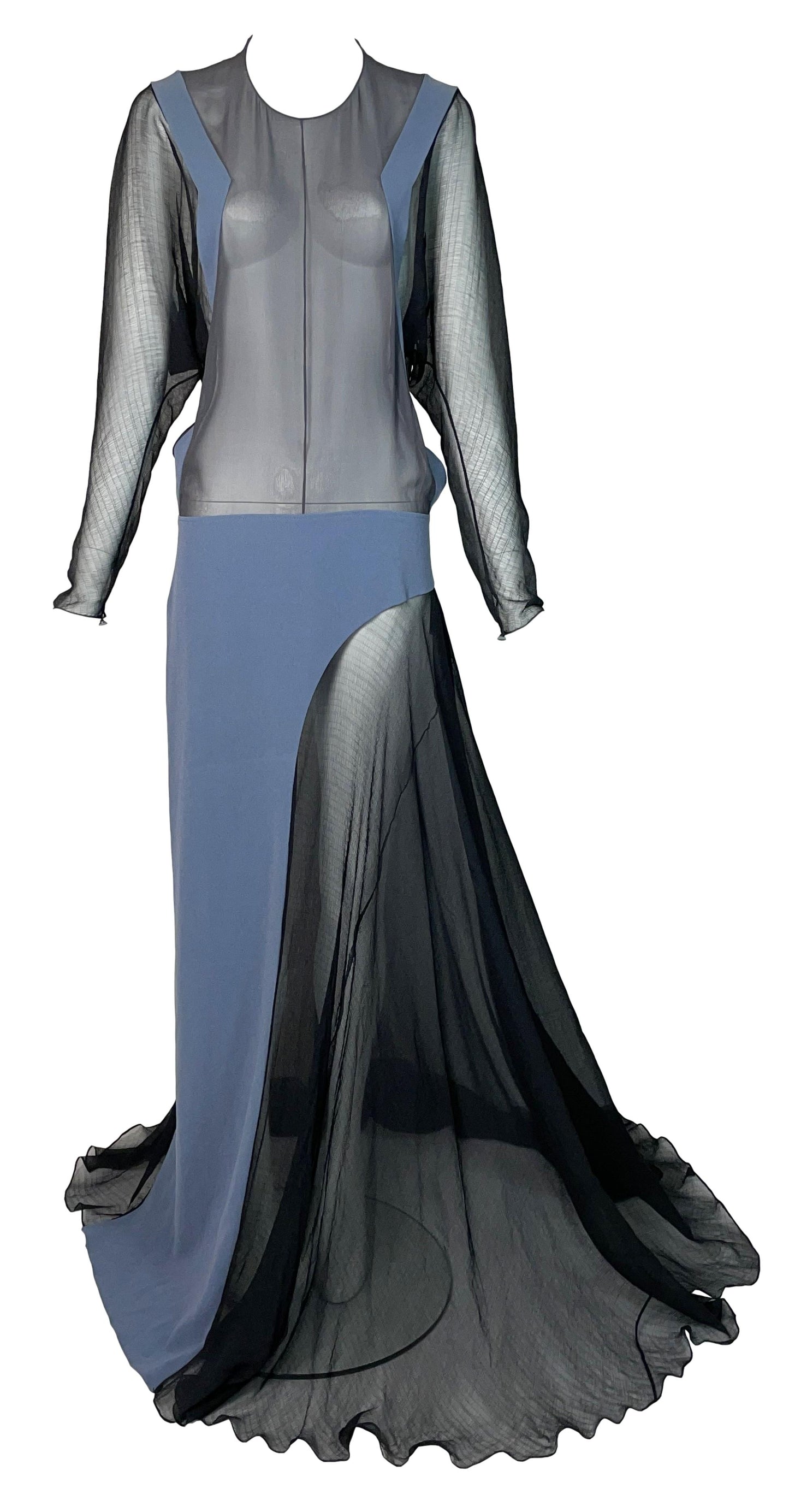 F/W 2012 Balenciaga by Nicolas Ghesquière Sheer Black & Blue Silk Extra Long Maxi Dress