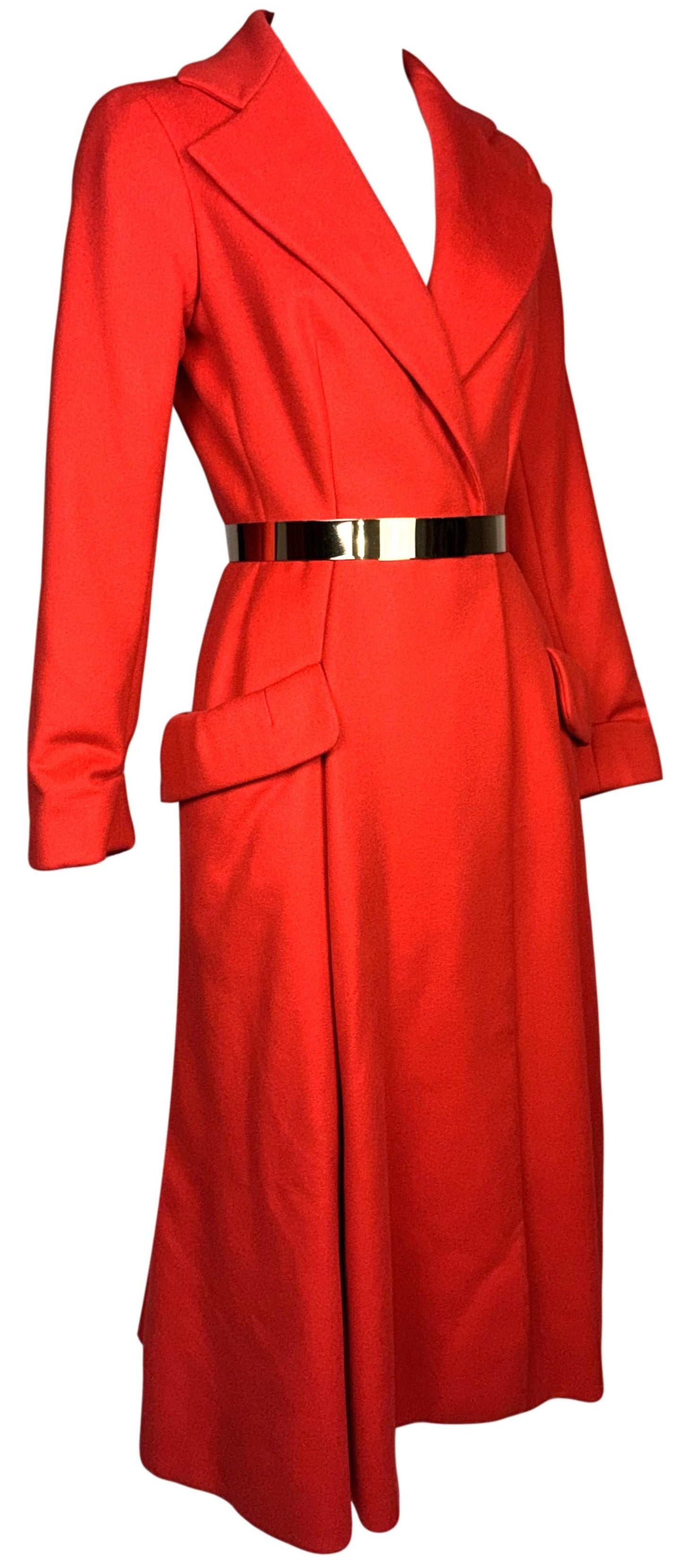 F/W 2012 Christian Dior x Raf Simmons Haute Couture Runway Classic Red Riding Fitted Vintage Style Coat Jacket w Gold Metal Belt