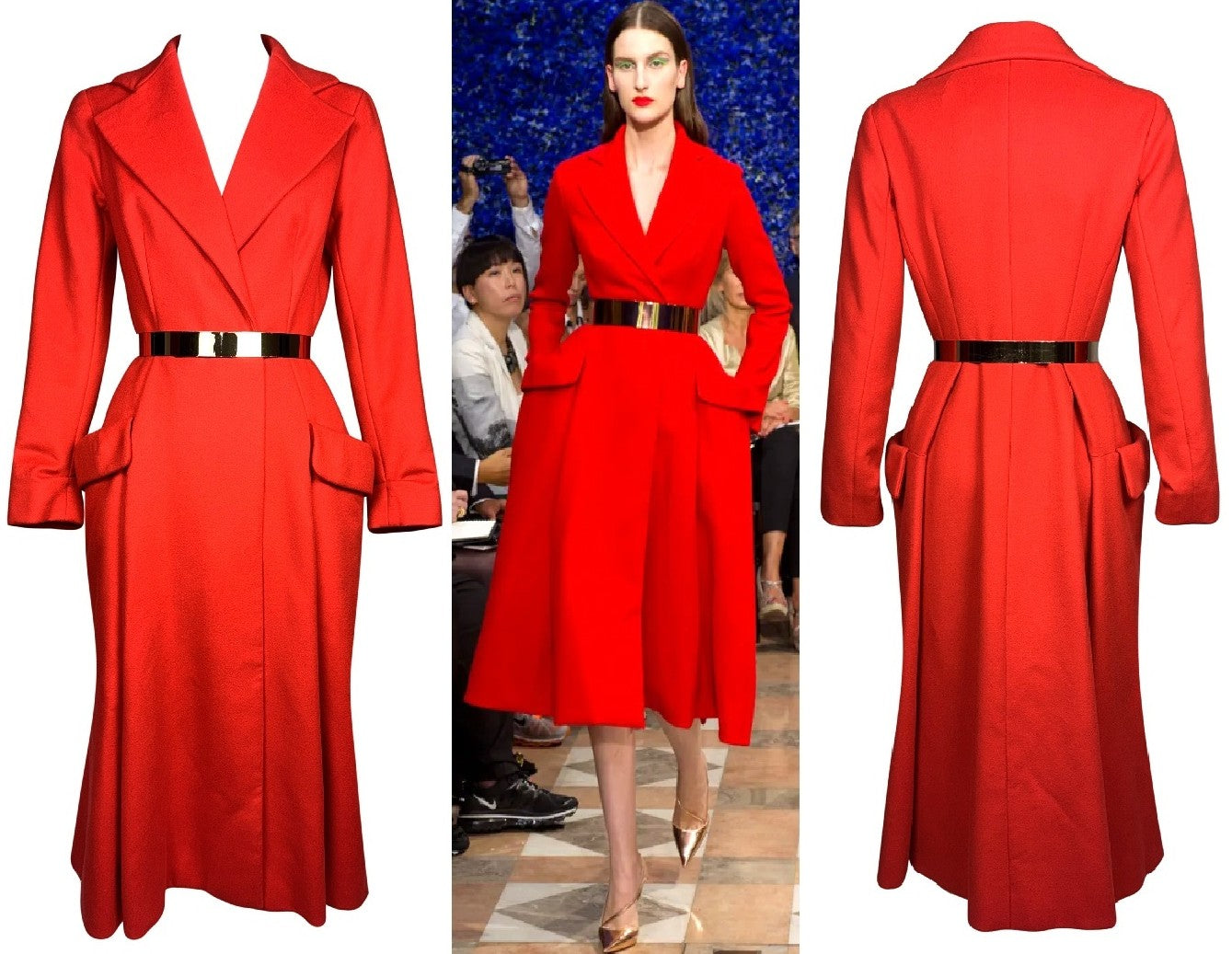 F/W 2012 Christian Dior x Raf Simmons Haute Couture Runway Classic Red Riding Fitted Vintage Style Coat Jacket w Gold Metal Belt