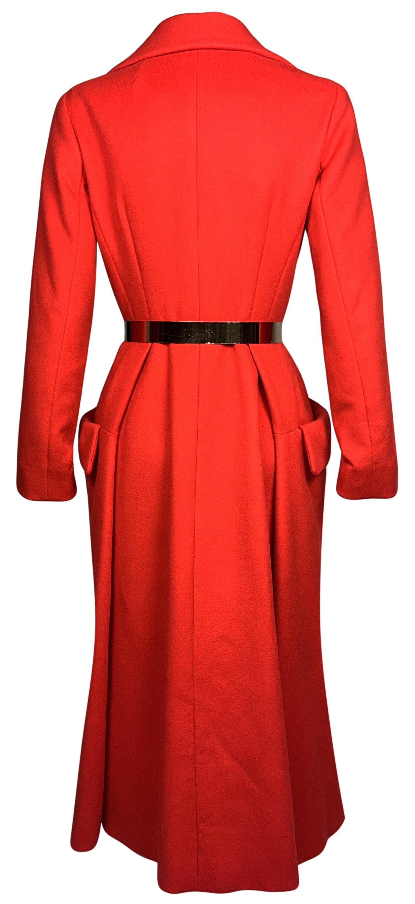 F/W 2012 Christian Dior x Raf Simmons Haute Couture Runway Classic Red Riding Fitted Vintage Style Coat Jacket w Gold Metal Belt