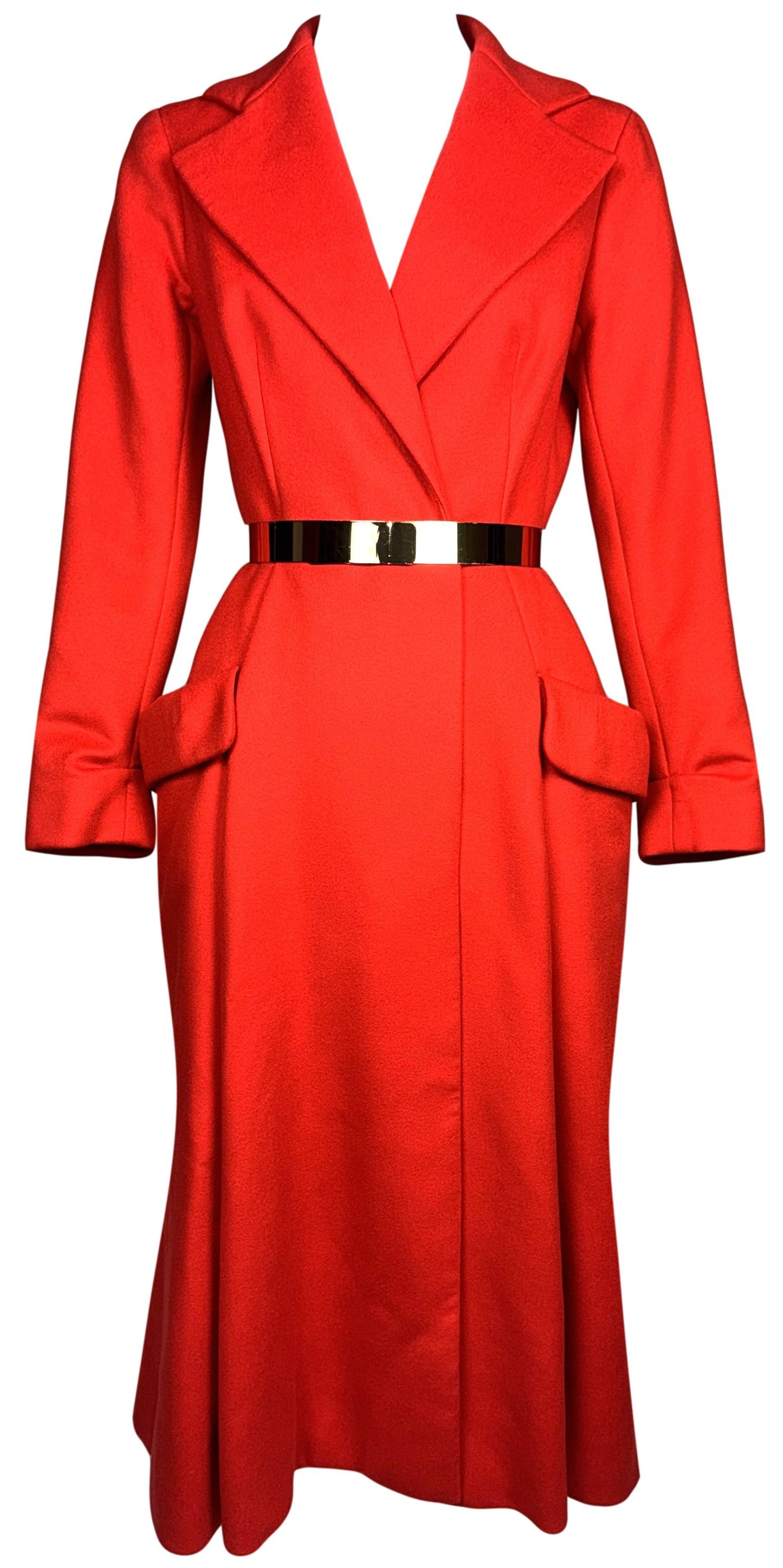 F/W 2012 Christian Dior x Raf Simmons Haute Couture Runway Classic Red Riding Fitted Vintage Style Coat Jacket w Gold Metal Belt